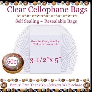 50- 3-1/2 x5” Crystal Clear Cello Bag🍪🆕🍪Bonus Thank You stickers w/purch…